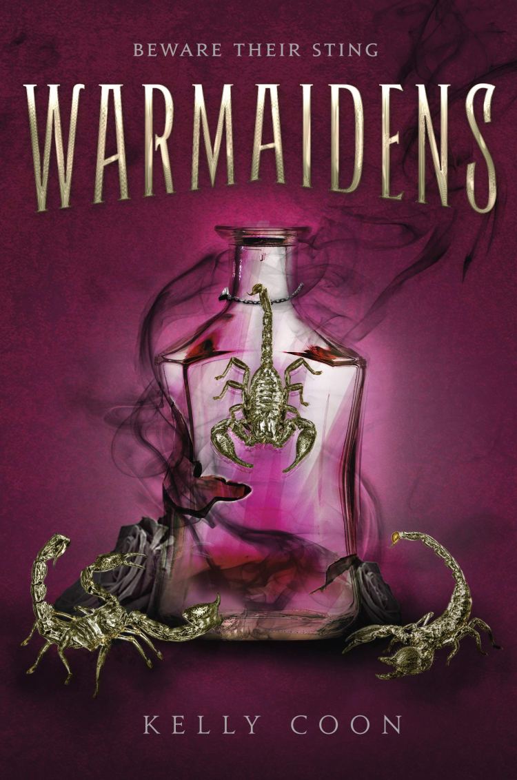 cover of Warmaidens. Deep magenta with a vial of smoky liquid and scorpions.