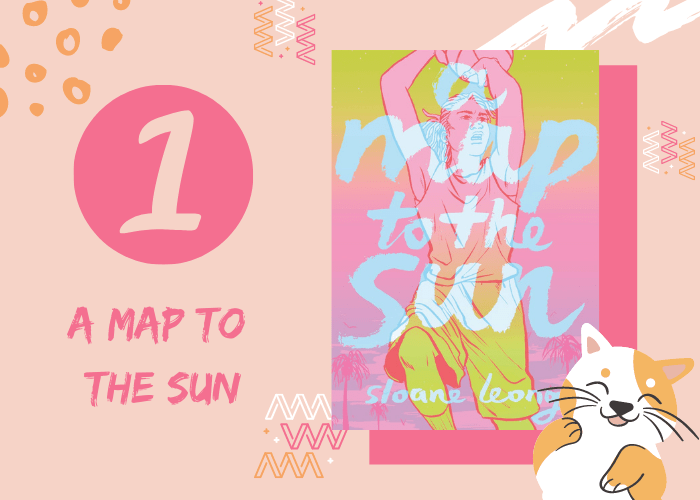 Pink graphic with illustrated cat and book cover. 