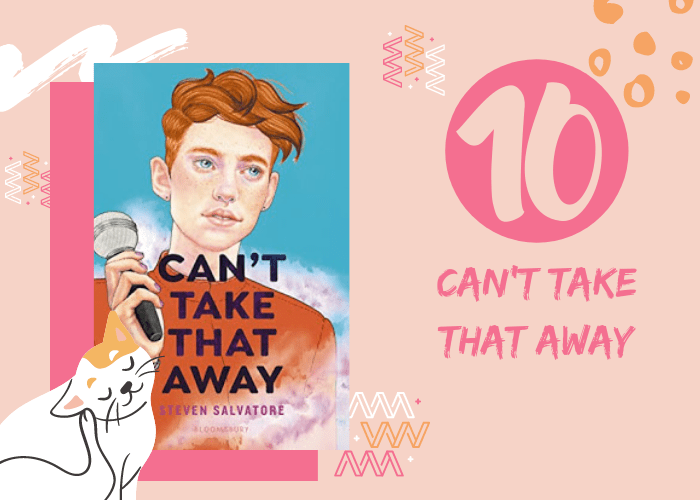 Pink graphic with illustrated cat and book cover. 