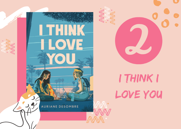 Pink graphic with illustrated cat and book cover. 