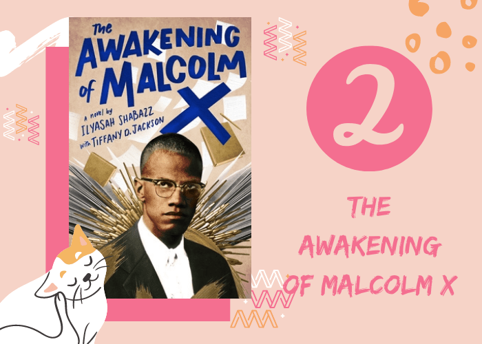 Pink graphic with illustrated cat and book cover. 