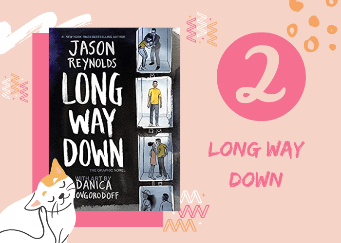 Pink graphic with illustrated cat and book cover. 