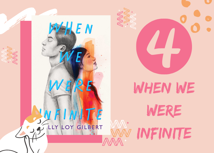 Pink graphic with illustrated cat and book cover. 