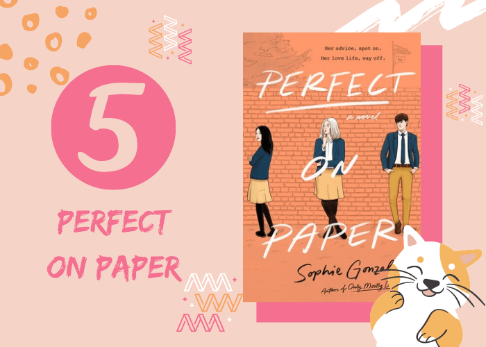 Pink graphic with illustrated cat and book cover. 