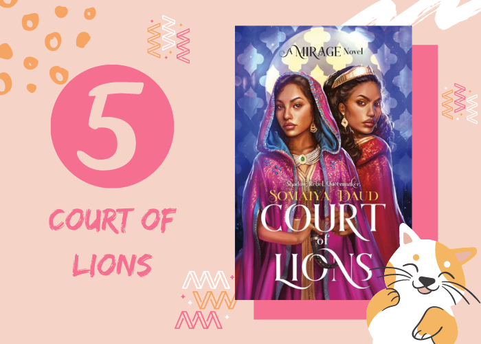 Pink graphic with illustrated cat and book cover. 