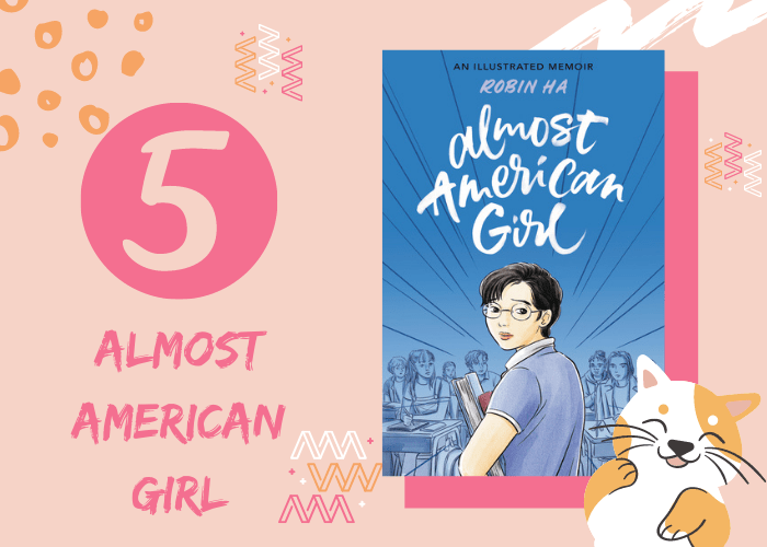 Pink graphic with illustrated cat and book cover. 