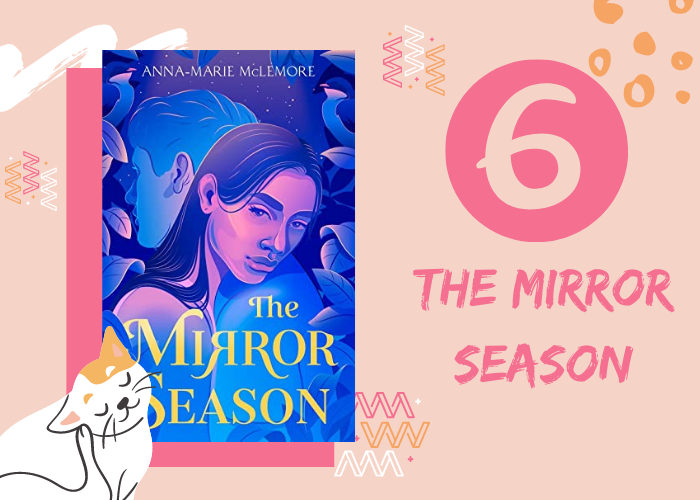 Pink graphic with illustrated cat and book cover. 