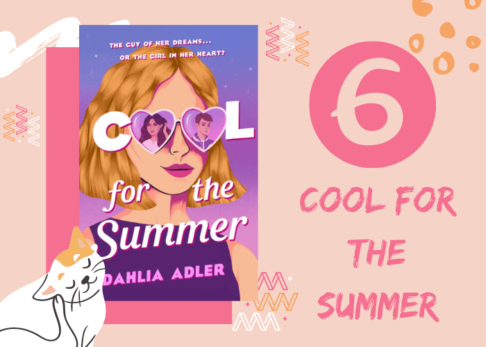 Pink graphic with illustrated cat and book cover. 