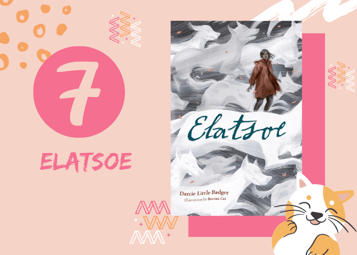 Pink graphic with illustrated cat and book cover. 