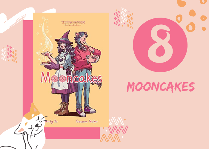 Pink graphic with illustrated cat and book cover. 