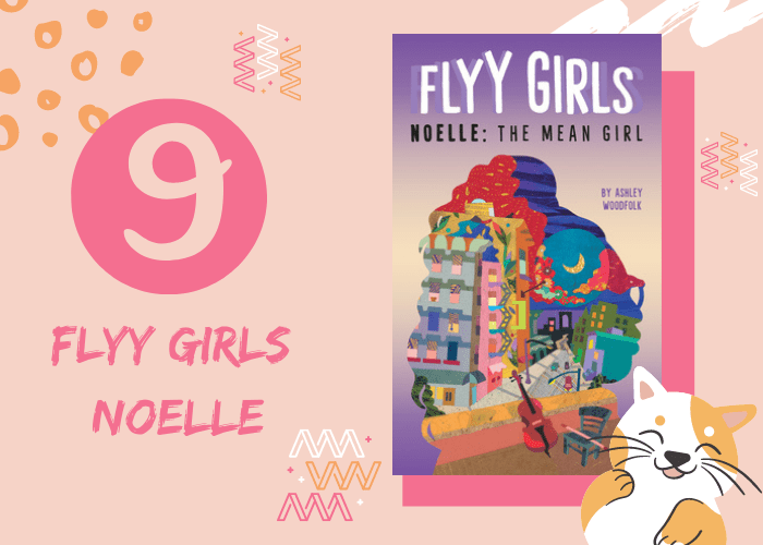 Pink graphic with illustrated cat and book cover. 