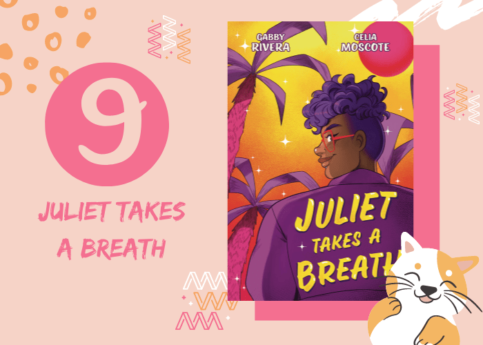 Pink graphic with illustrated cat and book cover. 